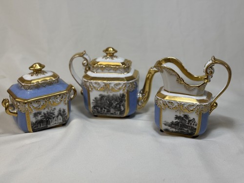 19thc. Old Paris Porcelain Style Blue & Gold 8-Pc TEA SET for TWO w/Landscape - Picture 7 of 18