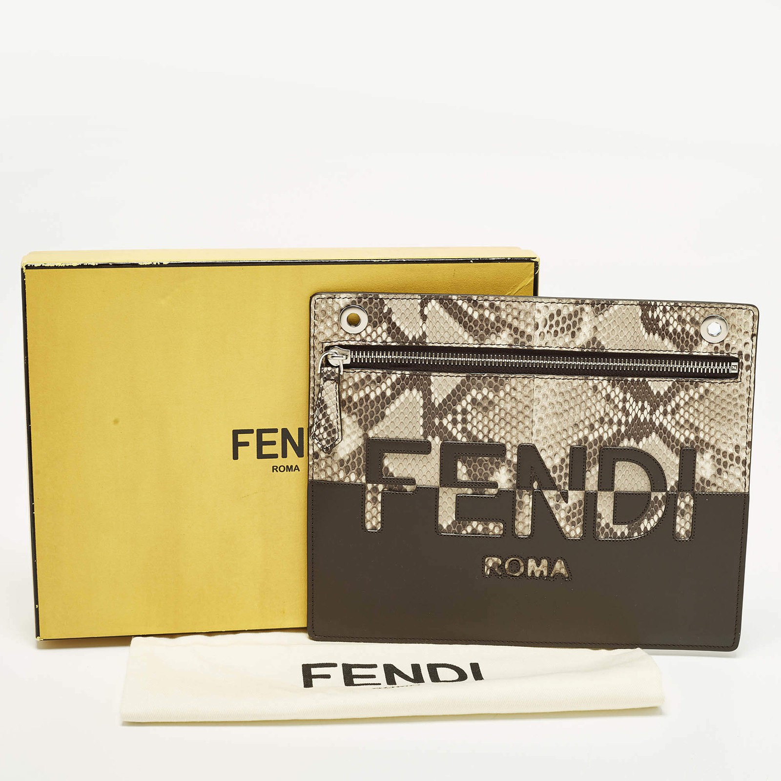Fendi Logo BrownBeige Leather and Python Flat Pou… - image 11