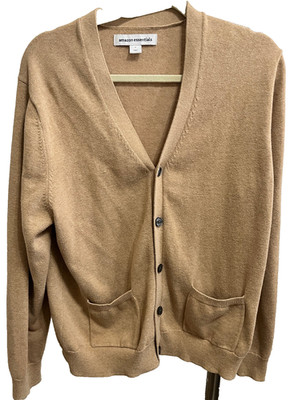 amazon essentials mens  V neck button down cotton coat sweater Tan/ size L