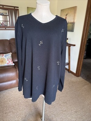 Quacker Factory Black Rhinestone Martini V Neck QVC Sweater - Size 1X
