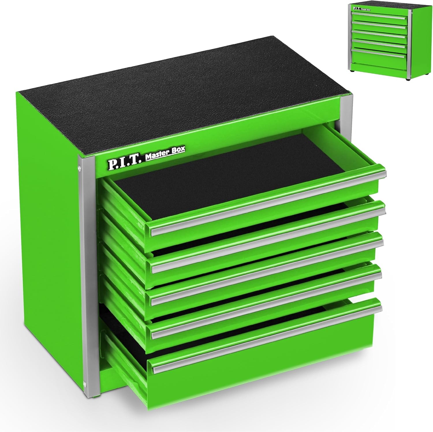 P.I.T. Mini Green Tool Box, Portable 5-Drawer Micro Roll Cab 5-Drawer, 