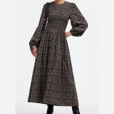 Madewell Floral Smocked Maxi Dress Long Sleeve Brown White Size XS