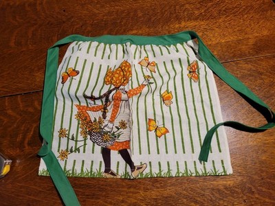 Vintage Cotton Apron Girl Butterfly Print Striped White Green Orange Flowers