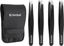 Tweezers Set 4-Piece Professional Black Plucker Stainless Steel With Case