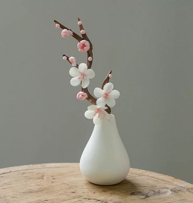 Cherry Blossom Floral Arrangement & Centerpiece in White Vase, Pink/White/Brown