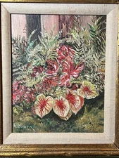 Vintage Garden Landscape Oil Painting Caladium Artist Signed Original F Bunnell