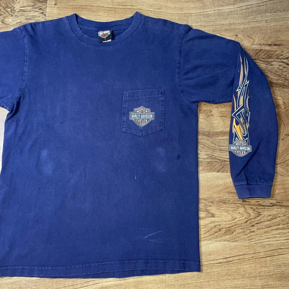 Vtg Harley-Davidson Shirt Mens Large Blue Long Sleeve Made USA Folsom CA flames - Image 3 of 4