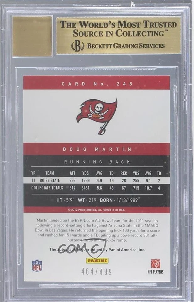 2012 Playoff Prestige Signatures Doug Martin BGS 9.5 GEM MINT Rookie Auto RC - Image 2 of 2