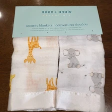 aden anais Set of 2 Security Blankets Satin Trim Elephant Giraffe Muslin Cotton