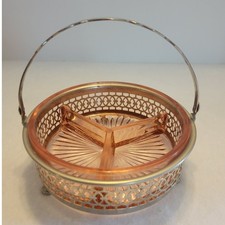 Vtg Pink Depression Glass Chrome Basket Set Relish Candy Dish Sun Burst Server