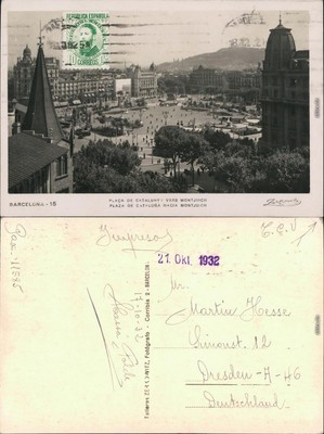 Ansichtskarte Barcelona Placa de Catalunya vers Montjuich 1932