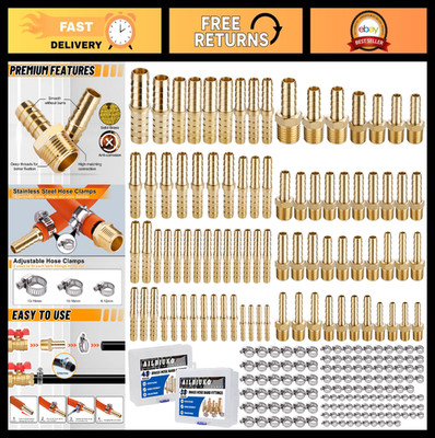 86PCS Brass Hose Barb Fittings Set, 1/8'' to 3/4'' Barbed Connectors & 134 Clamps