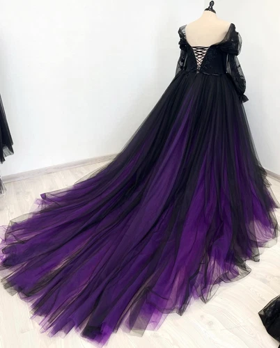 Gothic Black Purple Wedding Dresses Long Sleeves Lace Off Shoulder Bridal Gowns - Picture 3 of 9