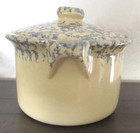 Vintage Roseville OH Spongeware Wheat Pattern RRP Co Crock Bean Pot Blue w/ Lid — photo 4