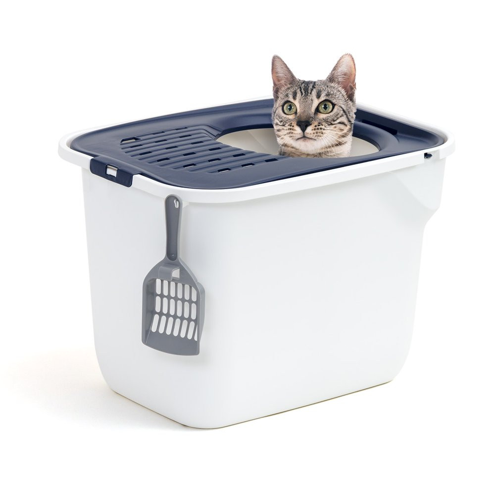 Square Top White Entry Cat Litter Box with Navy Sand Catching Grooved Lid, New