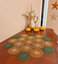 Handmade XMAS Colors GOLD & GREEN Crochet Beaded Doily 20"