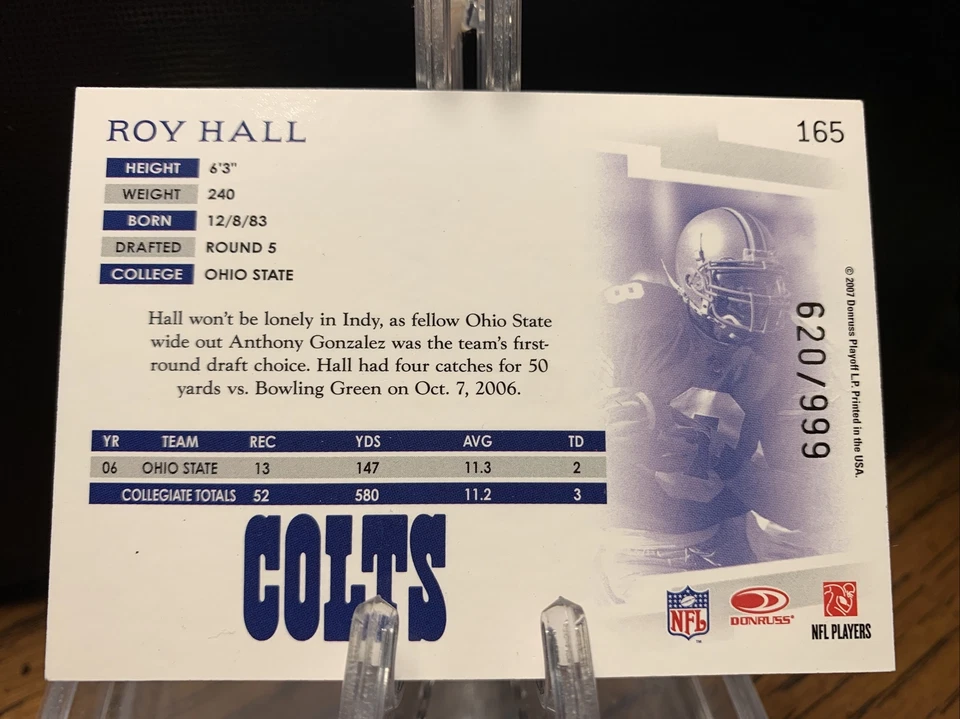 2007 Donruss Roy Hall Rookie Threads #165 Indianapolis Colts Rookie Card /999 - Image 2 of 2