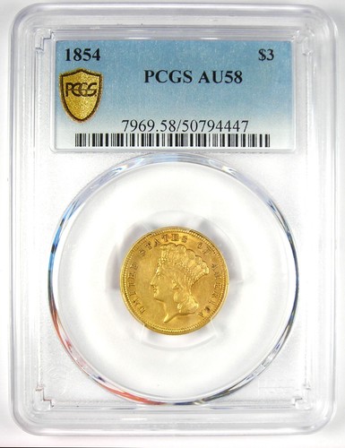 1854 Three Dollar Indian Gold Coin $3 - Certified PCGS AU58 - $2,500 Value! - Picture 2 of 5