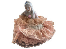 VTG Germany Porcelain Half Doll Pin Cushion Girl Pink Lace Dress