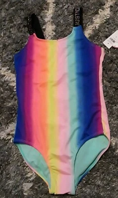 Girls justice rainbow glitter logo one piece swimsuit size 10 brand new - Image 1 of 2
