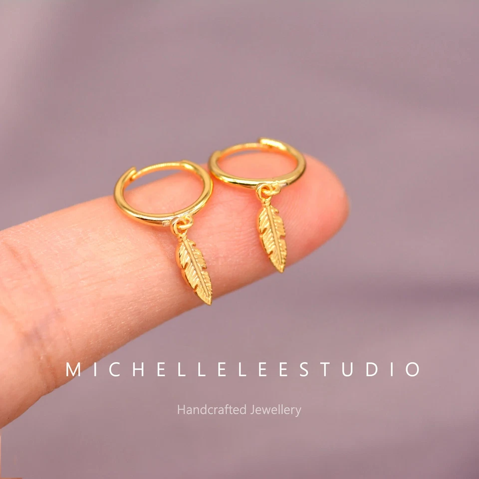 Sterling Silver Feather Huggie Hoop Earrings,Tiny Feather Charm Hoops - Image 2 of 4