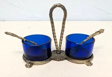 Vintage Cobalt Blue  Salt Cellars w/ Caddy and 2 spoons