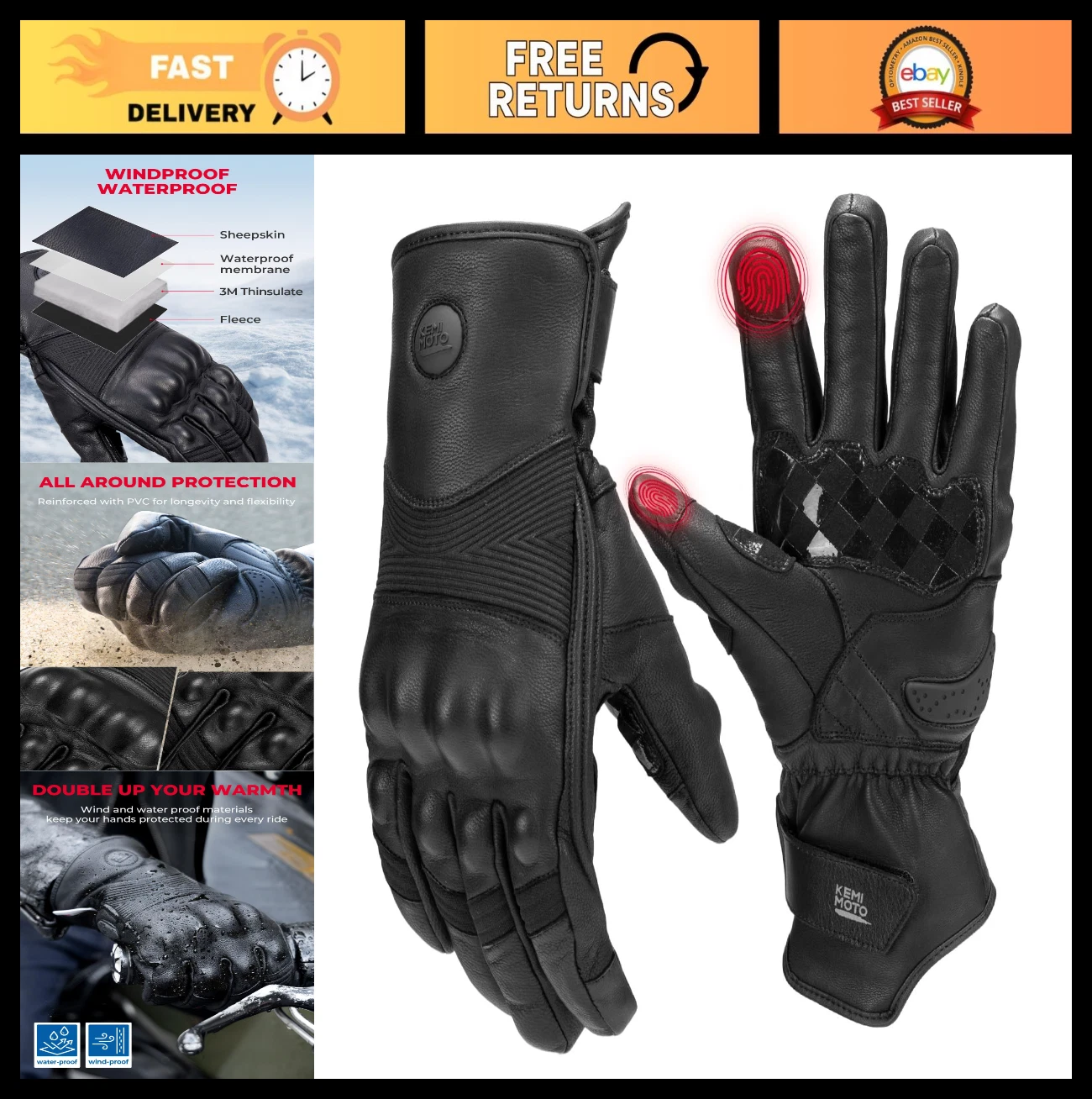 Winter Leather Motorcycle Gloves for Men - Warm Gauntlet, Knuckle Protection, To
Opens in a new wind