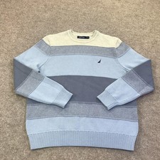 Nautica Sweater Mens Medium Blue Gray Striped Crewneck Tight Knit Pullover