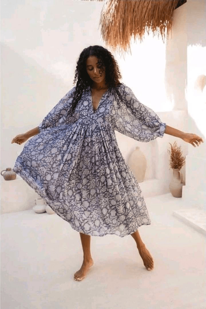 Daughters Of India Kyra Midi Dress Size Extra Large Blue Iris XL Cotton
