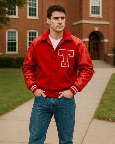 Vintage MECA Varsity Letterman Jacket Red Wool Leather Sleeves USA Medium - Image 1