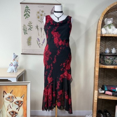 90s Y2k Floral Beaded Cowl Neck Dress Romantic Goth Whimsigoth Vampire Sexy M