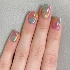 Press on Nails Short Square Fake Nails with Cat Eye Design Glue on Pink Green