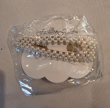 Fashion Jewelry Gold Tone Metal Hair Clip Barrette Faux Pearl Beaded Rectangle