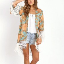 Show Me Your Mumu Floral Kimono Duster Turquoise Coral Lace Fringe Medium
