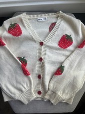 Very Cute Soft Girls Strawberry Cardigan In Cream And Red With Green Stems Sz 9