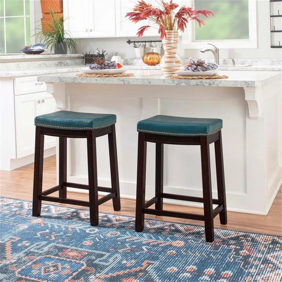 Linon Claridge Backless Counter Stool Blue Faux Leather Wood Frame in Dark Brown - Image 2 of 4