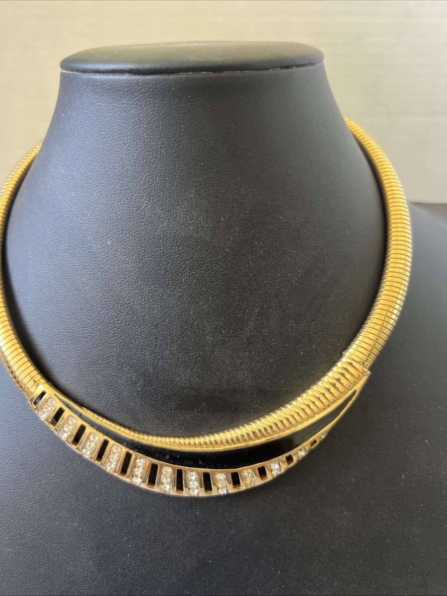 Tafari Gold Tone VTG Snake Chain Coller Necklace W/Black Enamel & Rhinestones