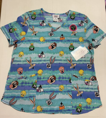 Looney Tunes Bugs Bunny & Friends Tie Dye V Neck Medical Scrub Top Women's L