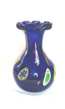 Vintage Murano Millefiori art glass bud vase cobalt blue ruffled rim 5 x 3 1/2"