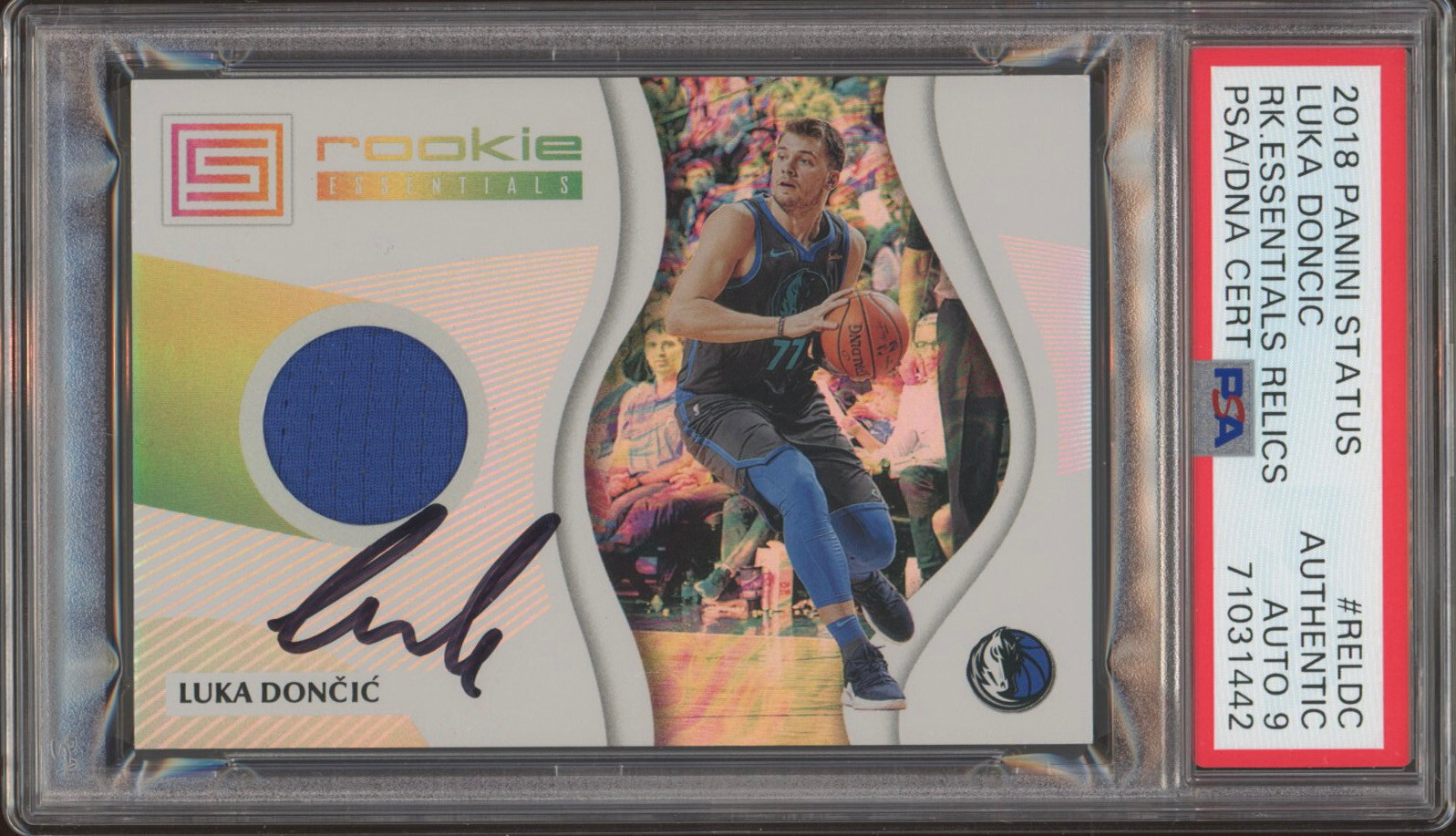 2018 Panini Status #RELDC Luka Doncic Rookie Essential Relics PSA/DNA AUTO 9 RC