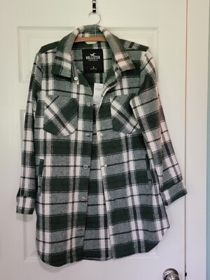 Hollister woman's heavyweight plaid green/white shacket small