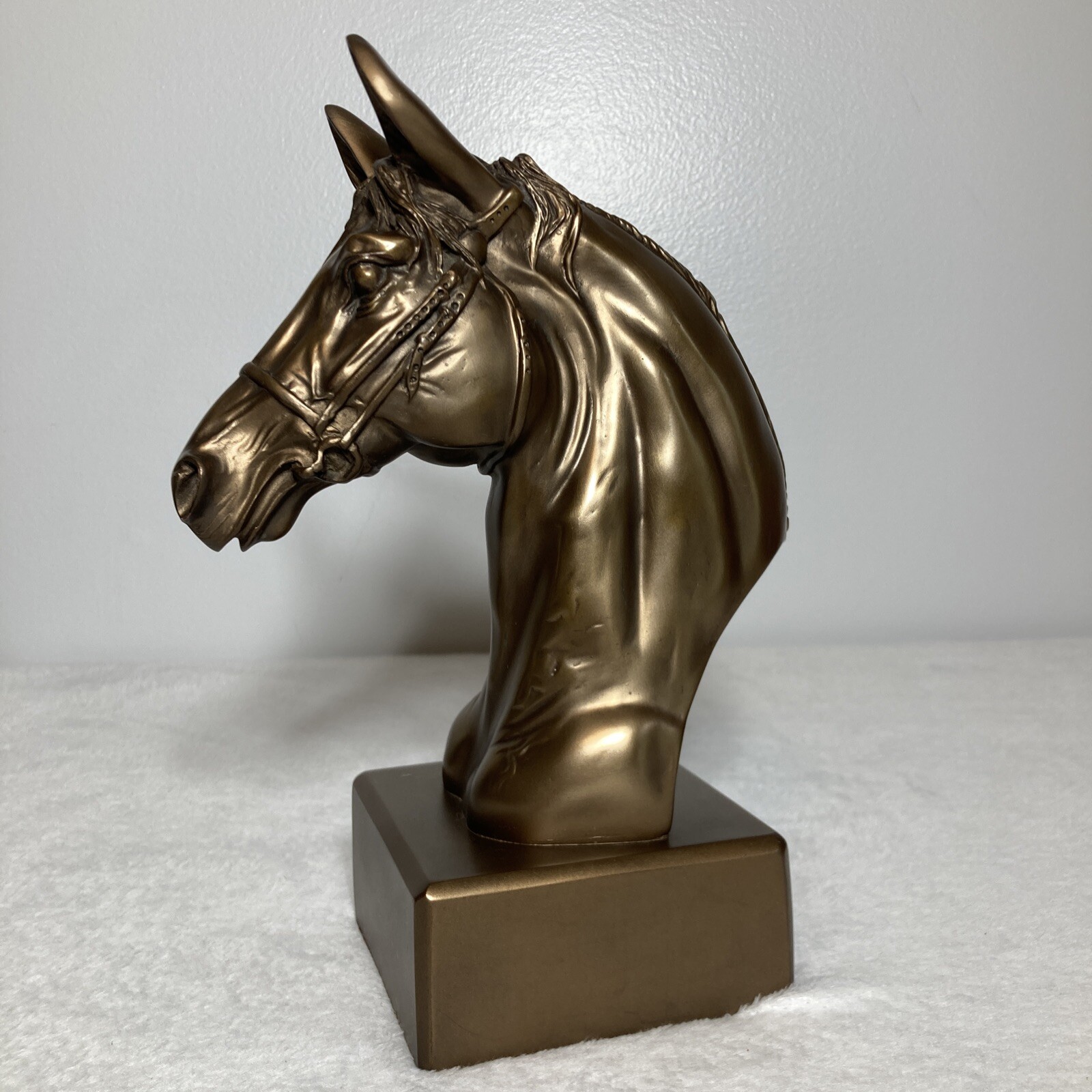 Vintage Horse Head Sculpture Bookend On Base Heavy Resin Gold Bronze