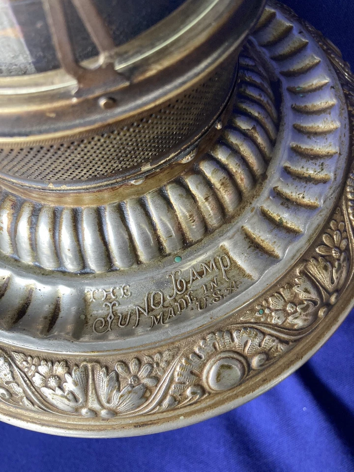 antique The Juno Lamp E Miller Embossed Metal w glass chimney made in USA As Is - Image 4 of 4