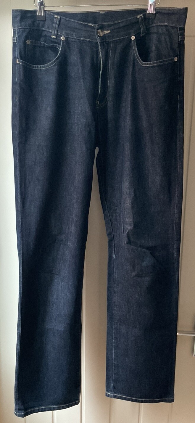Jeans Yves Saint Laurent YSL gamba dritta blu scuro con cerniera W34" lunghi 34 33