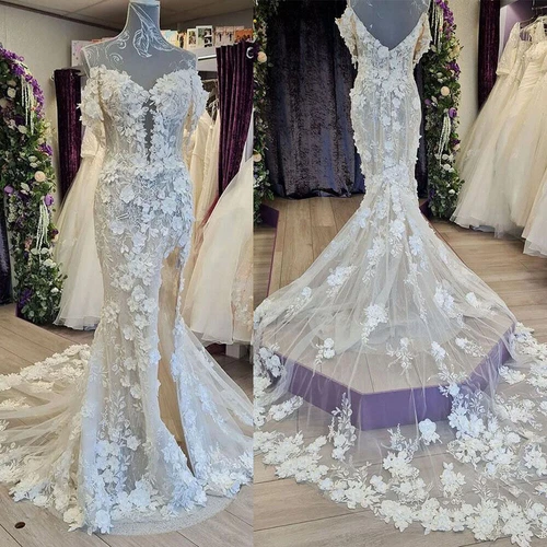 Bohemian Wedding Dresses with Side Split 3D Flowers Off The Shoulder Bridal Gown