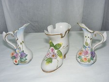 Vintage Porcelain 3 Piece Lot Two 4" Pitcher Vases + 4" Shoe Applied Flowers