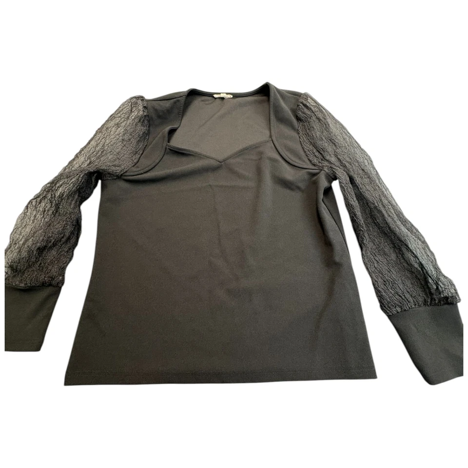 Blusa negra para mujer manga larga transparente escote corazón talla grande Foto 2 de 4