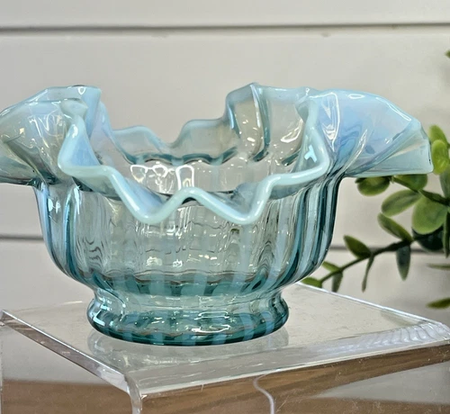 Fenton Optic Opalescent Striped Ruffle Delicate Aqua Baby Blue Glass Bowl EUC
