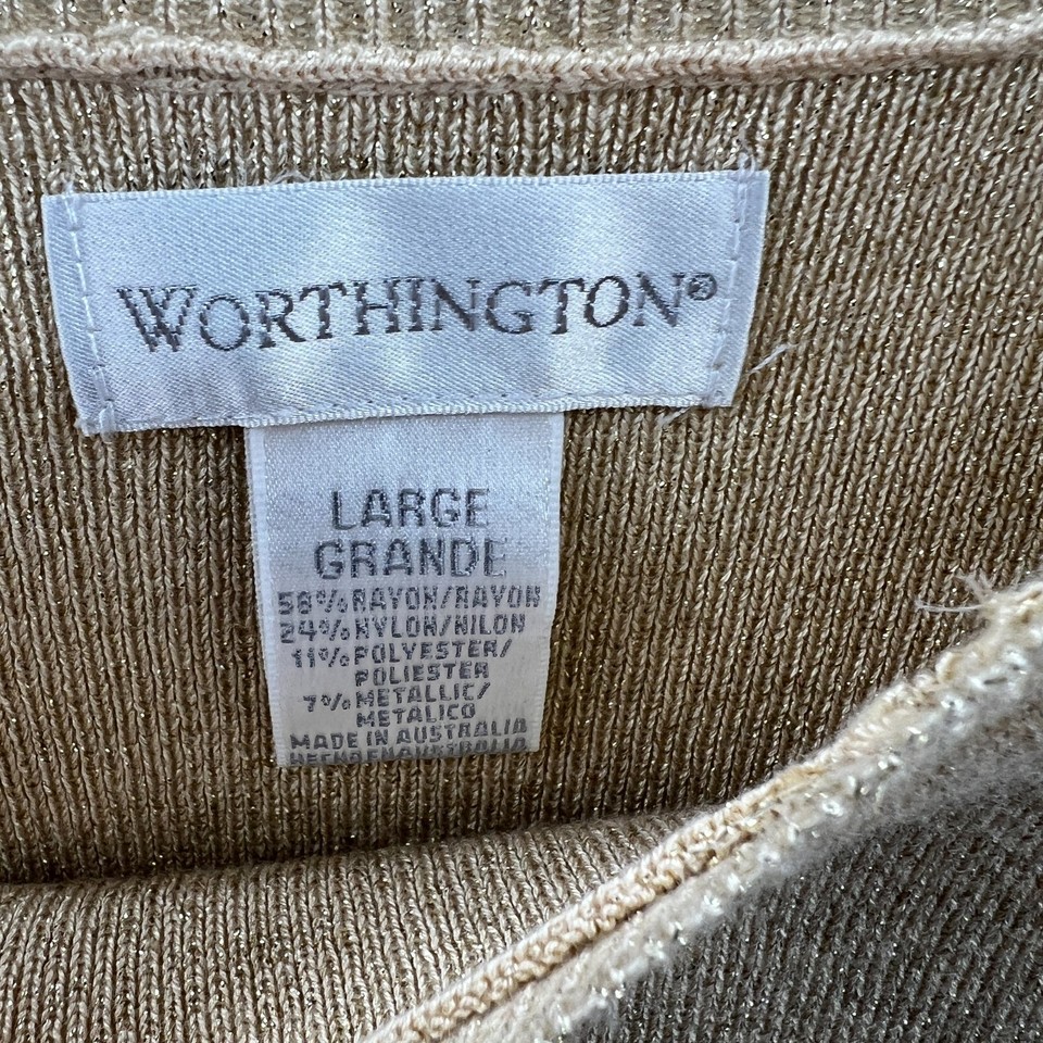 Worthington Womens Top Large Tan Metallic Pullover Long Sleeve Shirt
