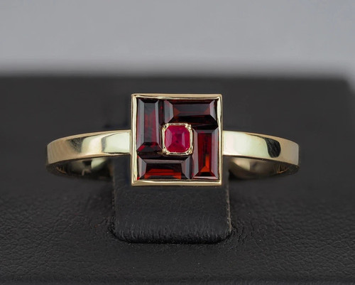 Art Deco Lab Crated Ruby Diamond Birthstone Engagement 14K Yellow Gold Over Ring